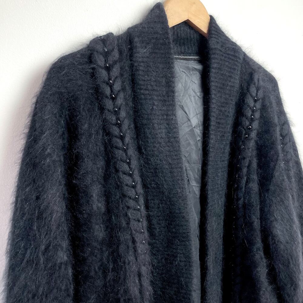 Vintage 90s Angora Open Front Cardigan Sweater Jacket‎ Beaded Statement Japandi - Picture 2 of 11